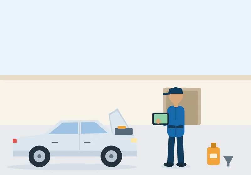 صيانة دورية للسيارة عند المنزل فني صيانة يراجع قائمة الصيانة الدورية على جهاز لوحي بجانب سيارة متوقفة عند منزل